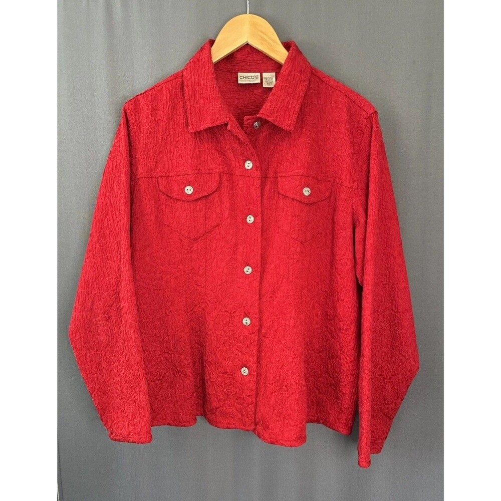 90s Chicos Embossed Shirt Jacket Sz XL Red Rose Floral Texture Button Up Holiday